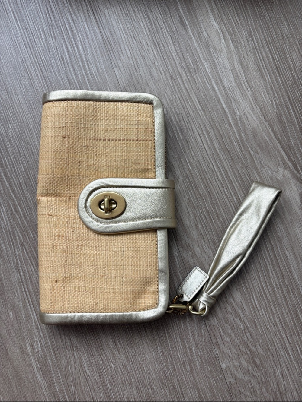 Coach Woven Straw and Metallic Gold Wristlet Wallet
